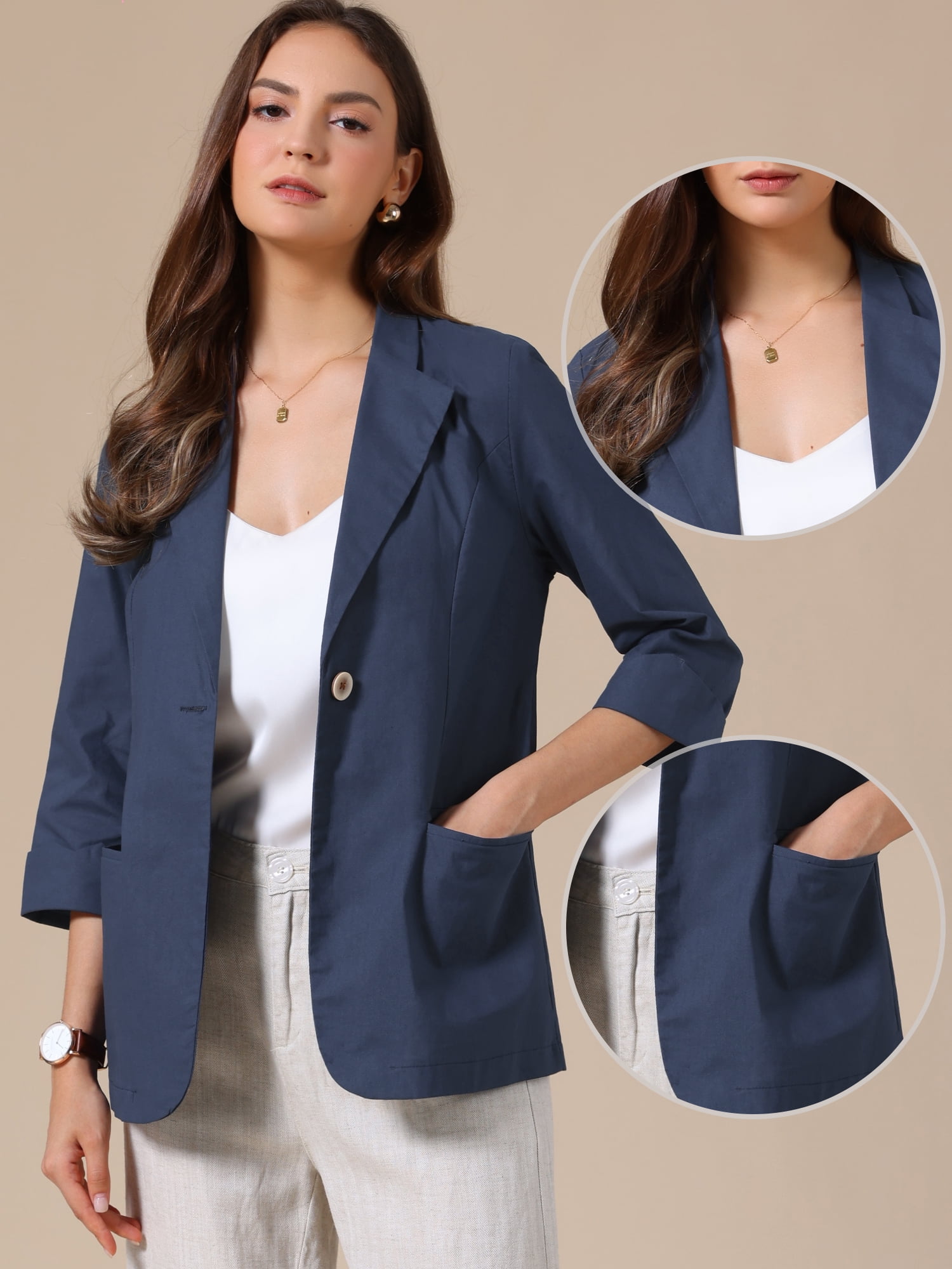 DARING DIVA Women's Cotton Linen 3/4 Sleeve Lightweight Jacket Blazer M Navy Blue