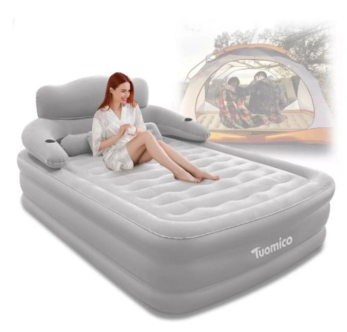 LHUAI, 19In Queen Air Mattress  With Headboard, High-Rise Inflatable Air Mattress With Built In Pump, 600lb Weight Capacity, For Guest Home Camping Travel, Grey