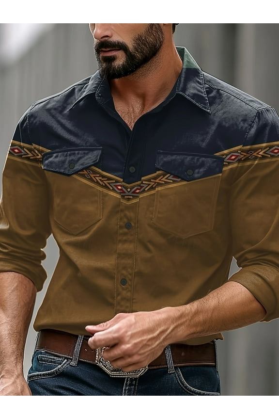 Men's Western Cowboy Shirt Vintage Long Sleeve Shirt Work Slim Fit Cotton Casual Button Down Shirt Brown XL