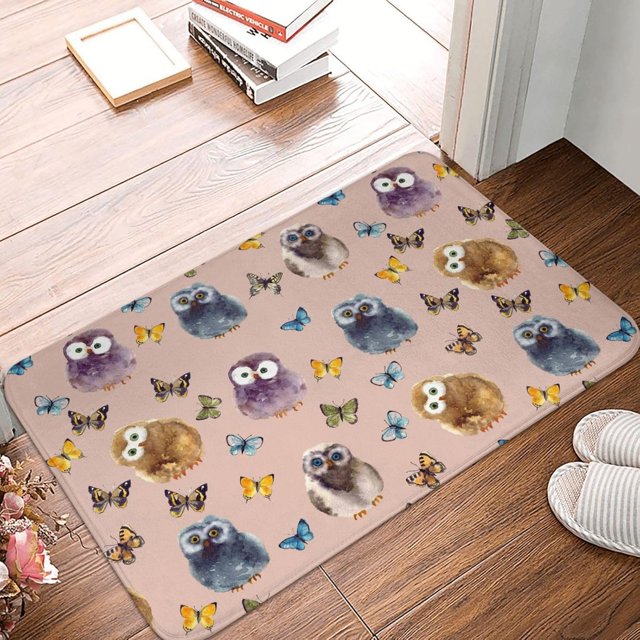 Front Door Mat Little Owl Butterfly Bedroom Entryway Rug Non-Slip Washable Indoor Carpet Doormat Decorative Low Profile Area Rug for Home Living Room Bedroom Laundry Floor Decor, 24 x 16 Inch