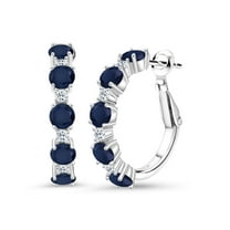 Gem Stone King 925 Sterling Silver Blue Sapphire and White Topaz Hoop Earrings for Women (3.82 Cttw, Round 4MM and 1.9MM, Gemstone Birthstone 1 inch Diameter)