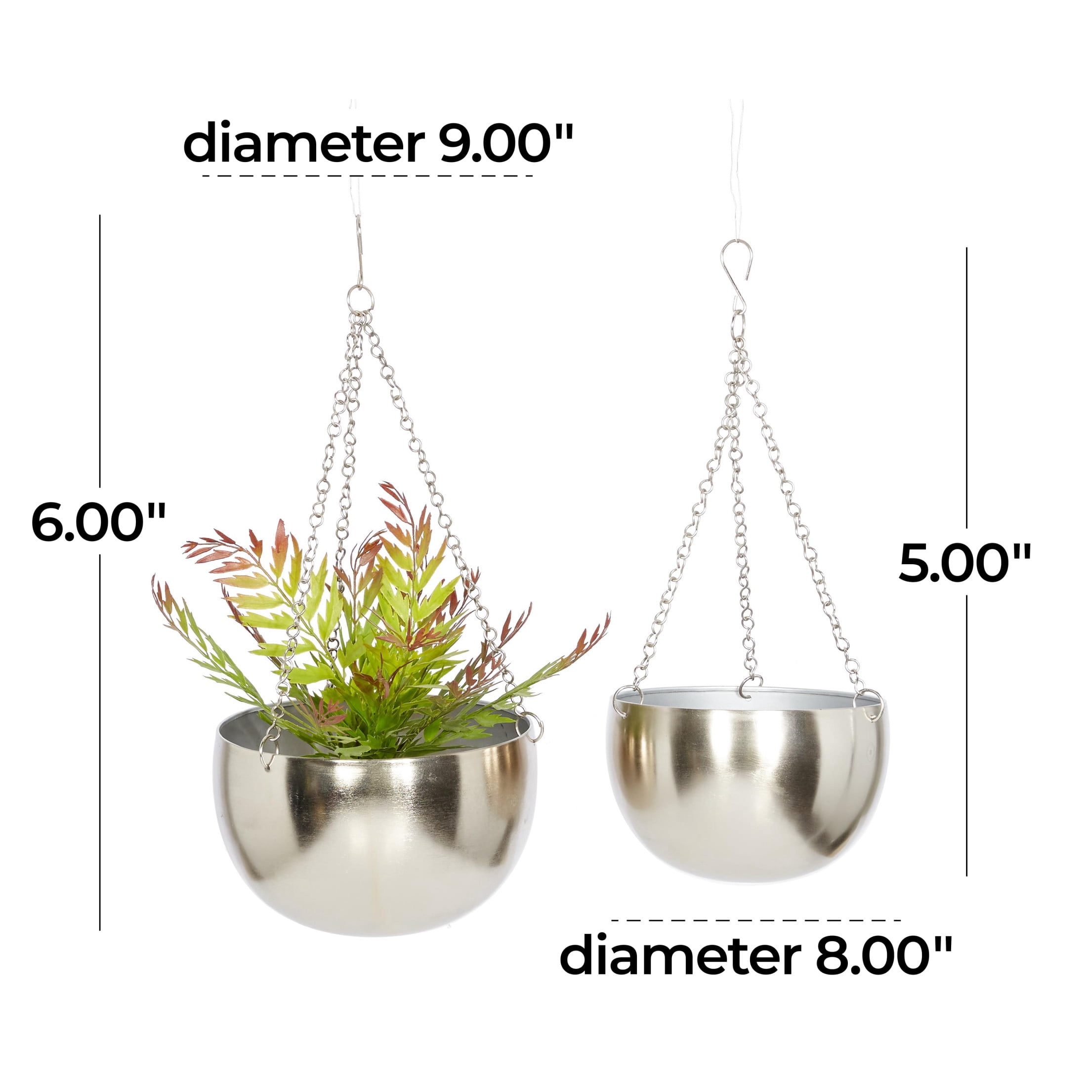 DecMode 5", 6"H Round Silver Metal Hanging Dome Wall Planter with Chain (2 Count)