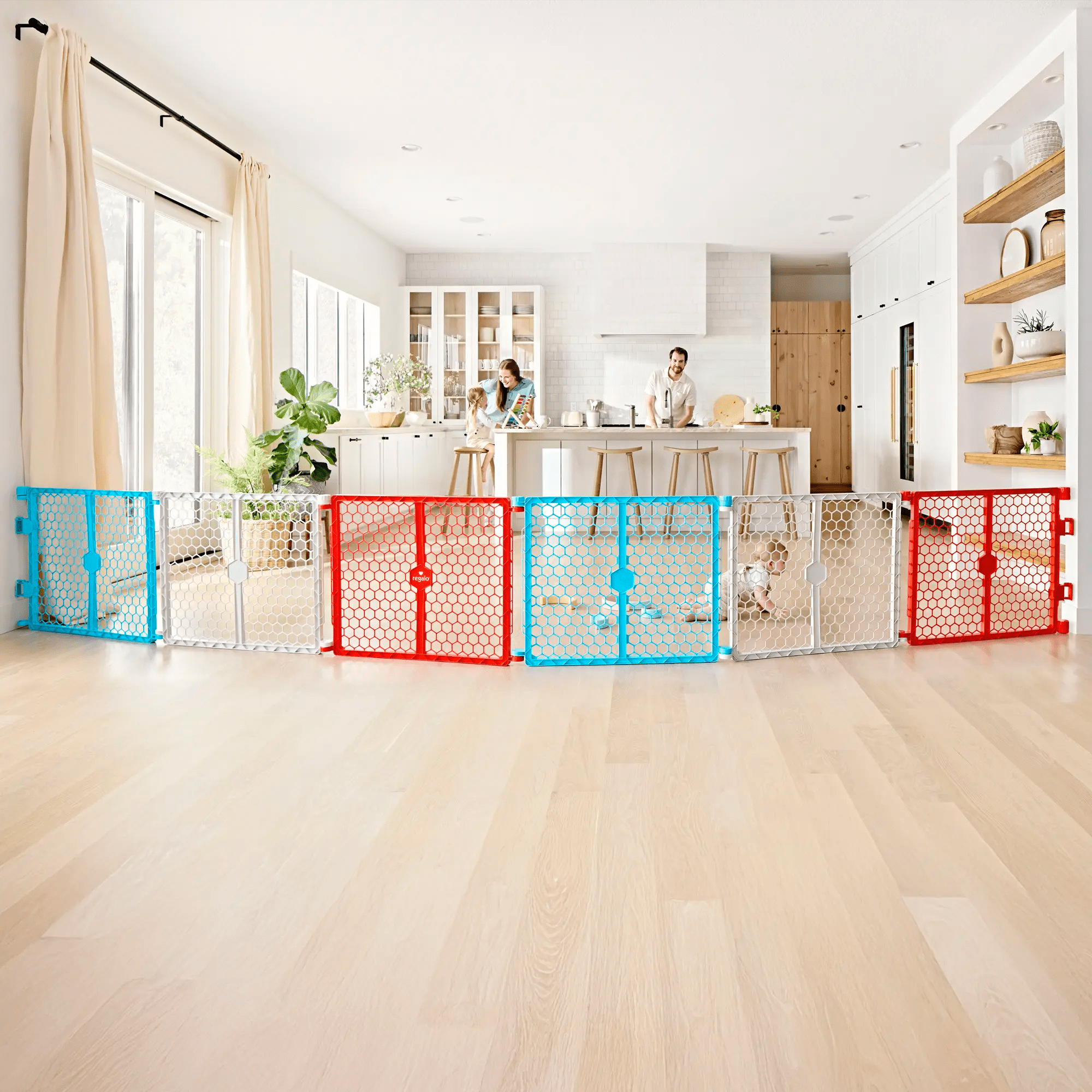 Regalo 2-in-1 Super Wide Baby Safety Gate and Play Yard, 192-Inch Coverage, Ages 6-24 Months, Red/White/Blue