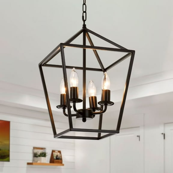 AFANQI Metal Square Farmhouse Pendant Light, 4-Light Geometric Ceiling Lighting, Industrial Retro Style Lantern Pendant for Foyer Kitchen Island, Adjustable Height (Black)
