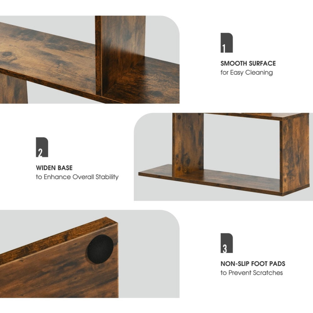 Demi Bonn 6 Tier S-Shaped Bookshelf Storage Display Bookcase Decor Z-Shelf, Brown