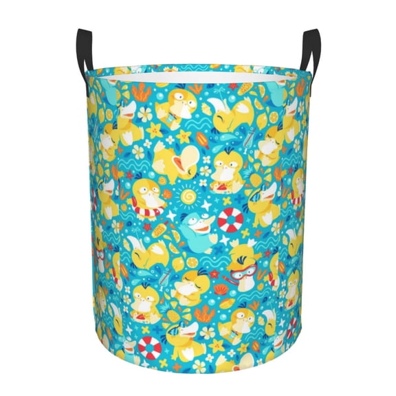 Psyduck Laundry Basket Foldable Circular Dirty Clothes Toys Storage Organizer Bin Basket with Handles, Round Hamper For Bedroom Livingroom Bathroom