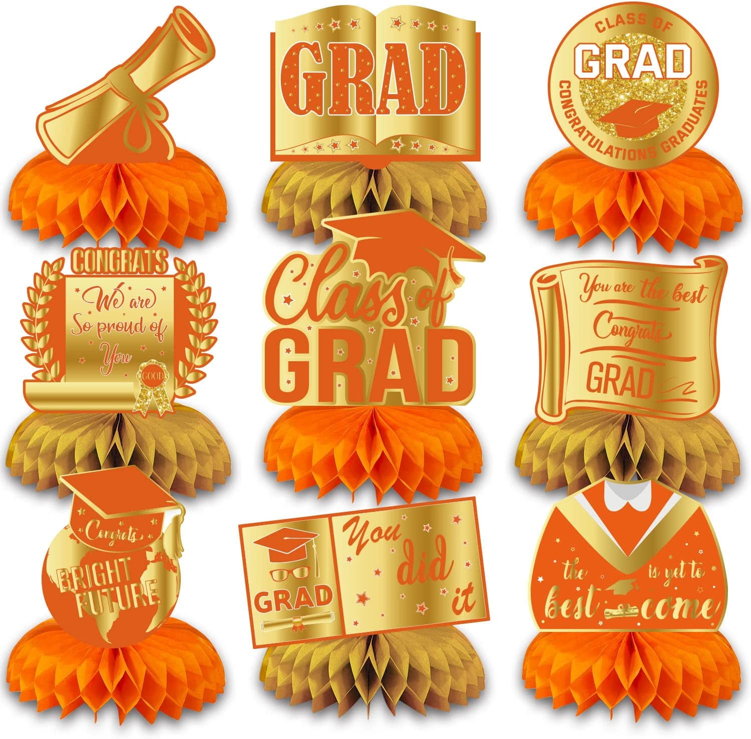 Orange and Gold Graduation Party Centerpieces Pack of 9, Class of 2023 Supplies Kindergarten