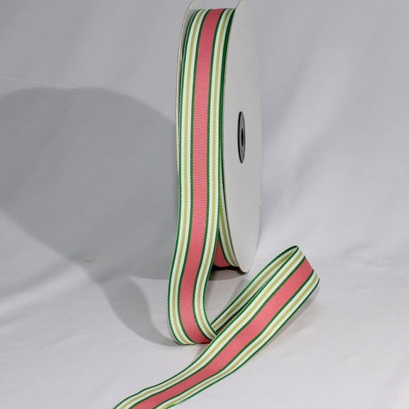 The Ribbon People Green and Pink Striped Woven Grosgrain Craft Ribbon 1" x 55 Yards
