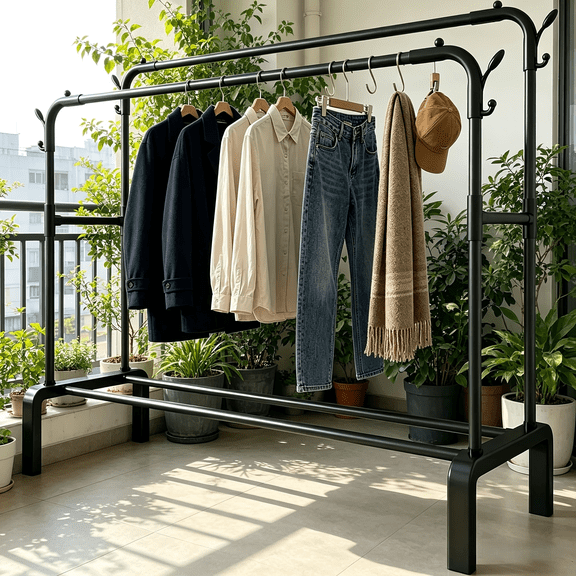 Double Rod Clothing Rack With Bottom Shelf, Heavy Duty Garment Organizer With Extra Hooks, Space Saving Clothes Rack
