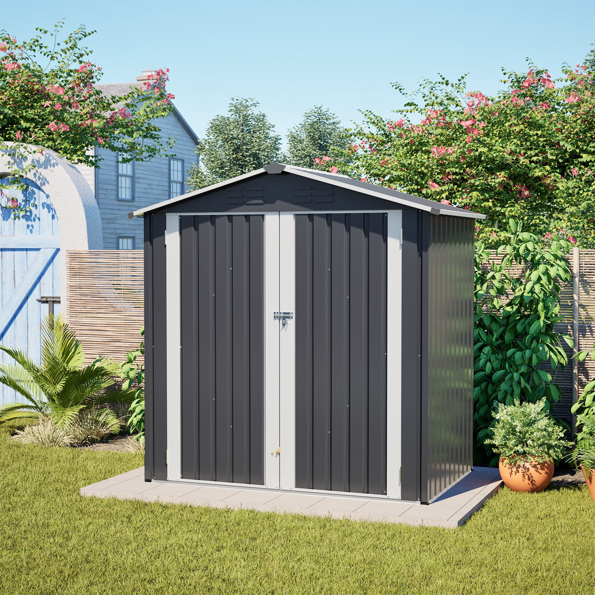 Aukfa 4x 6 FT Metal Outdoor Storage Shed, Weather-Resistant Garden Tool Shed with Doors and Sloped Roof for Patio, Backyard, Lawn & Bike Storage, Gray