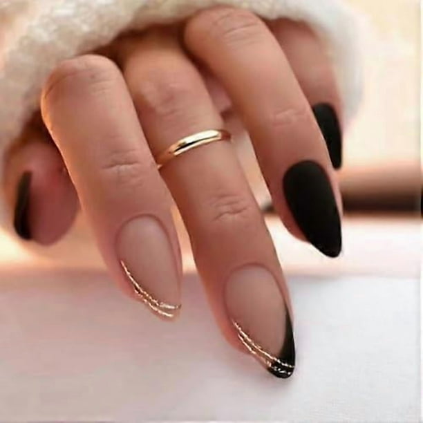 24Pcs Almond False Nails Short French Black Press on Nails Pure Color Fake Nails Glossy Acrylic Full Cover Glue on Nails 12 Sizes Oval Autumn Winter S