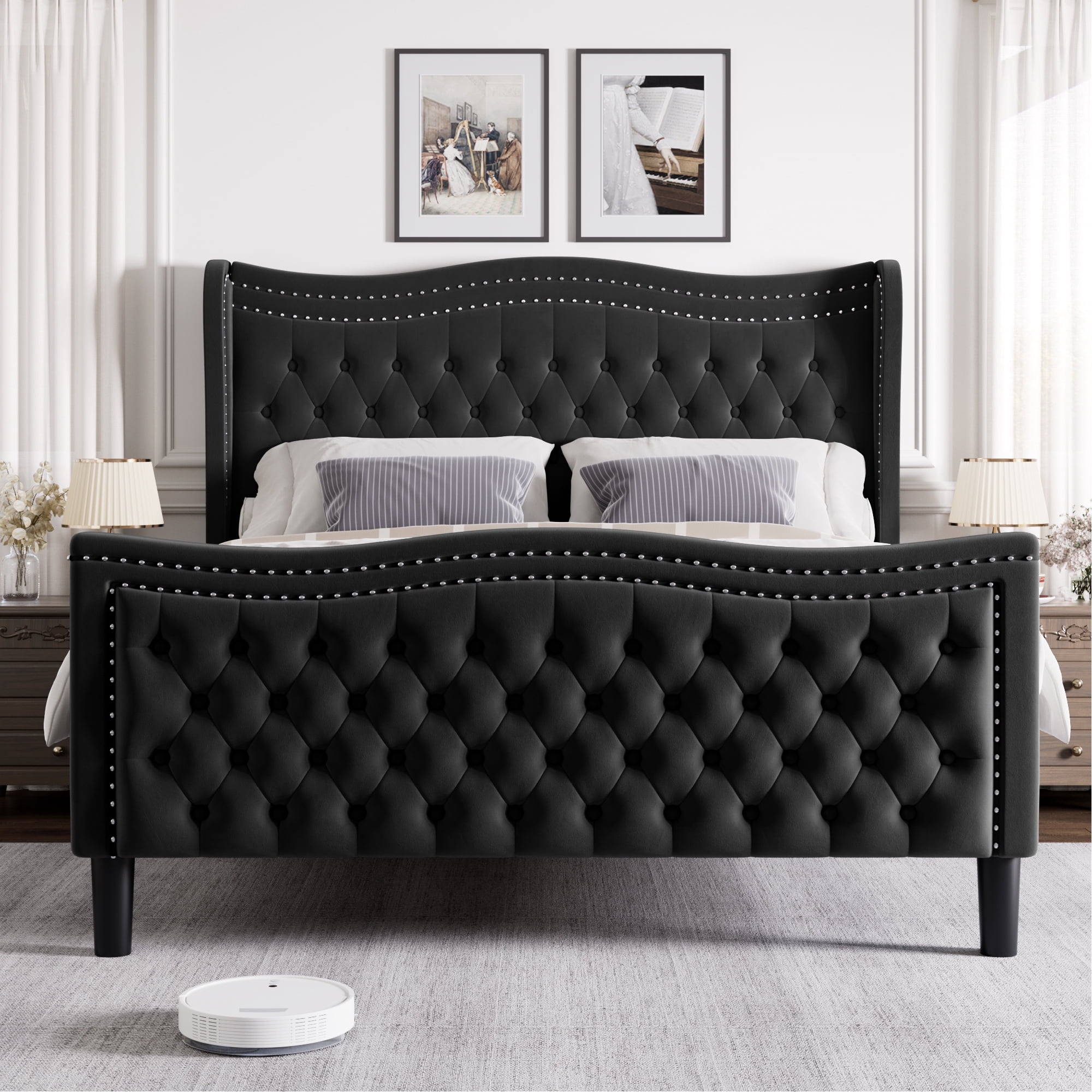 Gewnee King Bed Frame with 52'' Tall Headboard Velvet Upholstered Bed Frame,Double Nail & Wingback Design Platform Bed Frame.Black