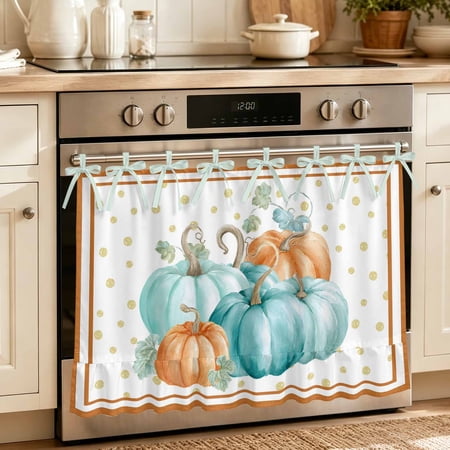 Oven Skirt Curtain for Kitchen 24x32 Inch Turquoise Pumpkins Fall Oven Curtain with 8 Ribbon Ties & Ruffle Trim Stove Skirt Curtain Dishwasher for Cabinets Sinks Thanksgiving Leaves Orange Border
