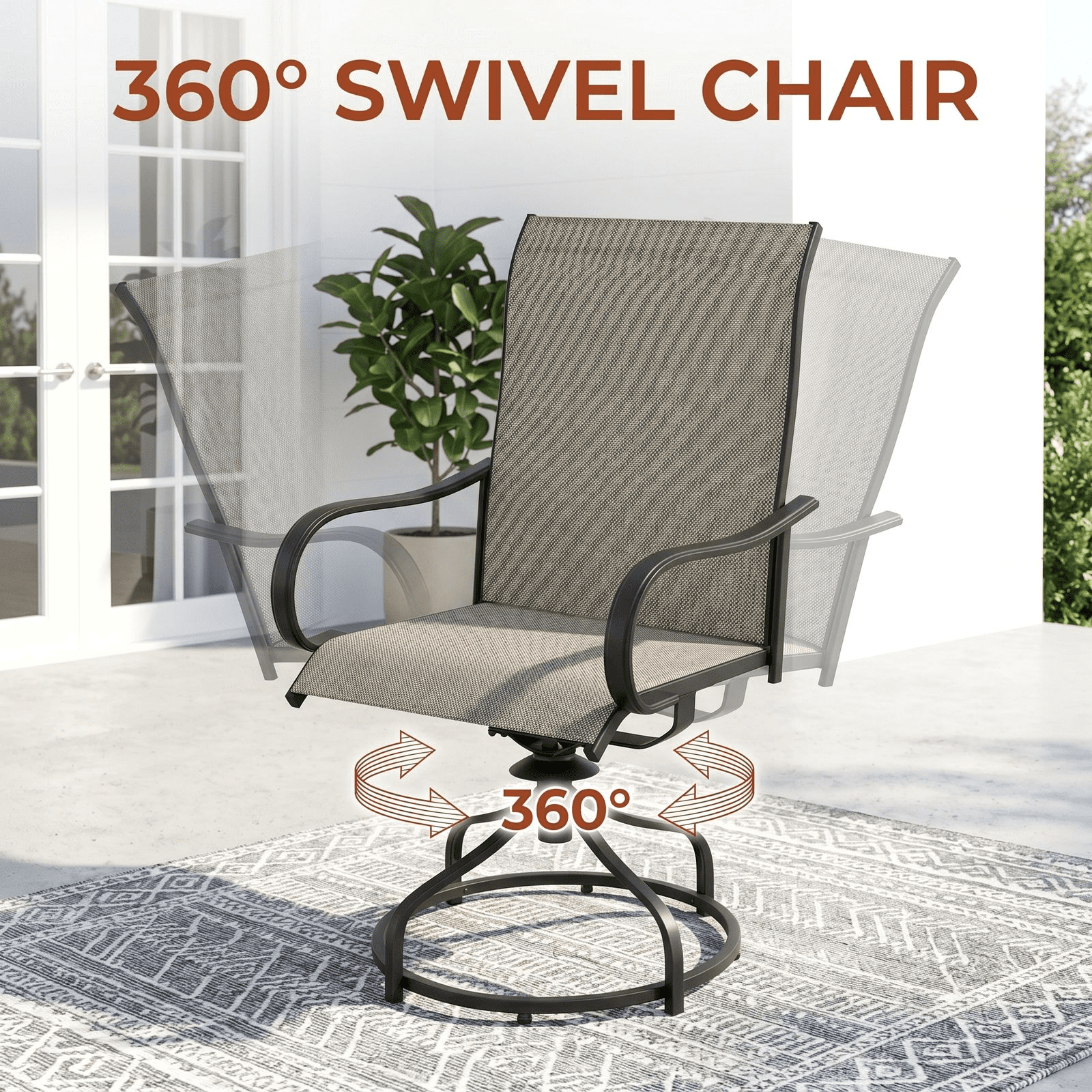 Arlopu 2pcs Patio Swivel Chairs, Outdoor 360° Rocker Dining Chairs w/ High Back & Armrest for Garden Deck Backyard, All-Weather Textilene, Brown