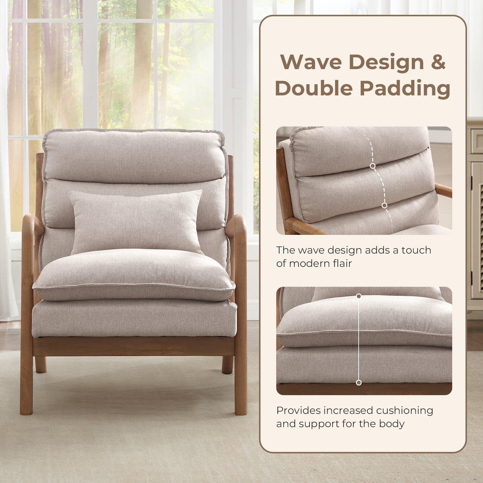 Ebello Mid Century Modern Accent Chair, Double-Padded Reading Armchair with Wood Frame & Lumbar Cushion for Living Room, Bedroom & Office, Beige