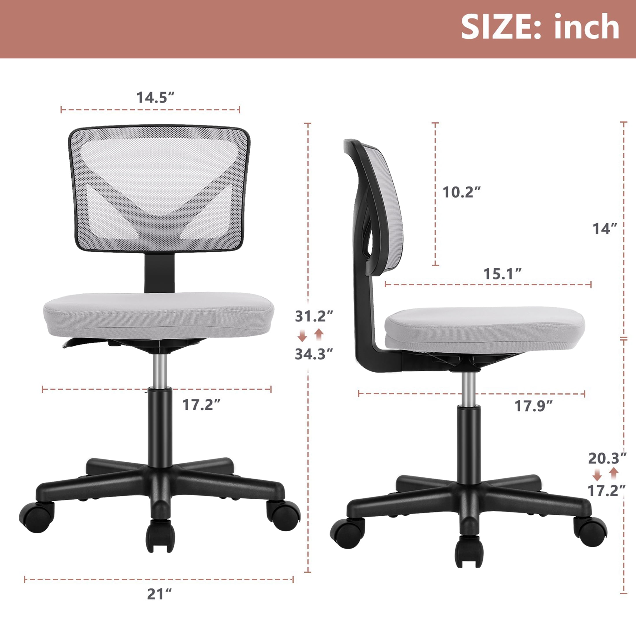 Yoyomax Armless Desk Chair, Ergonomic Low Back Computer Chair, Adjustable Rolling Swivel Task Chair with Plush Padded Seat, Grey