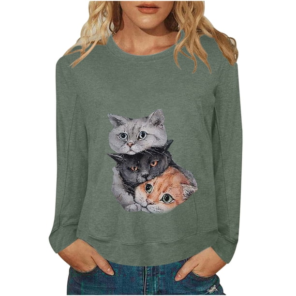 Camiseta de manga larga con estampado de cuello redondo suelto para mujer de verano Pompotops FGAJ3224