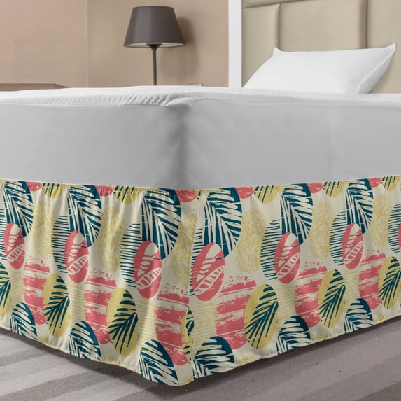 Palm Tree Bed Skirt, Exotic Leaves with Grunge Display and Big Spots Brazil Madagascar, Elastic Bedskirt Dust Ruffle Wrap Around for Bedding Decor, 4 Sizes, Blue Coral Pale Yellow, by Ambesonne