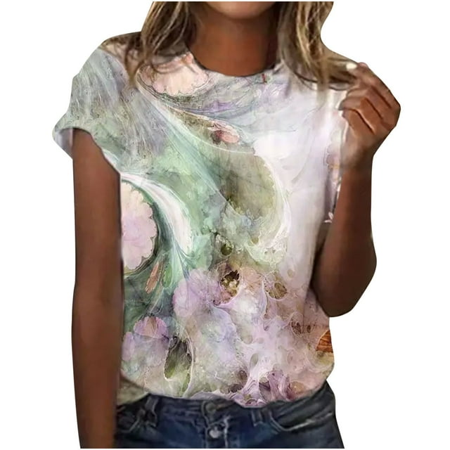 DPTALR Femmes Été Sexy Pli Imprimé Femmes Régulières Manches Courtes Col Rond Bouton Top
