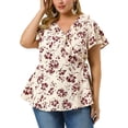thumbnail image 2 of Women's Plus Size Tops Ruffle Neck Floral Print Bell Sleeve Wrap Tie Waist Boho Peplum Blouse Beige 3X, 2 of 7