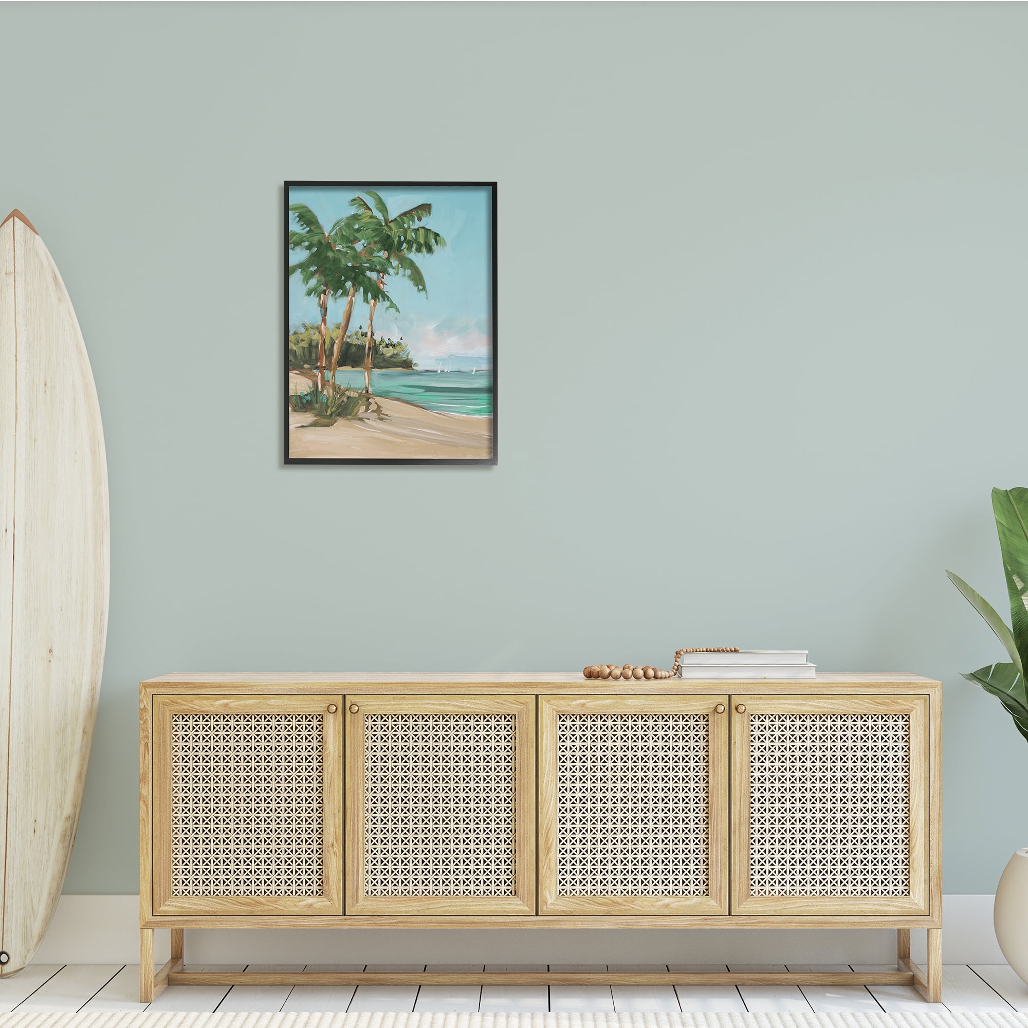 Stupell Indtries Contemporary Summer Palm Tree Coast Line Distant Boats,24 x 30,Design by Jane Slivka