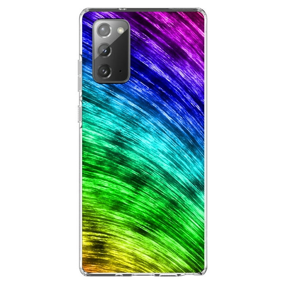 DistinctInk Clear Shockproof Hybrid Case for Samsung Galaxy Note 20 (6.7" Screen) - TPU Bumper, Acrylic Back, Tempered Glass Screen Protector - Rainbow Shimmering Curve