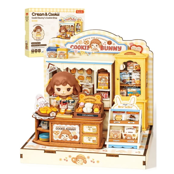 ROBOTIME DIY Miniature House Kit for Adults, Mini Wooden Dollhouse Kit, Tiny House Building Kits, Birthday Xmas Gift for Teens Kids (Cookii Bunny's Cookie Shop)
