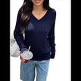 thumbnail image 2 of Suéter de Punto de Larga para Mujer, Jersey Ajustado con Cuello en V, Ropa Informal de Negocios para Otoño Azul Marino L, 2 of 7