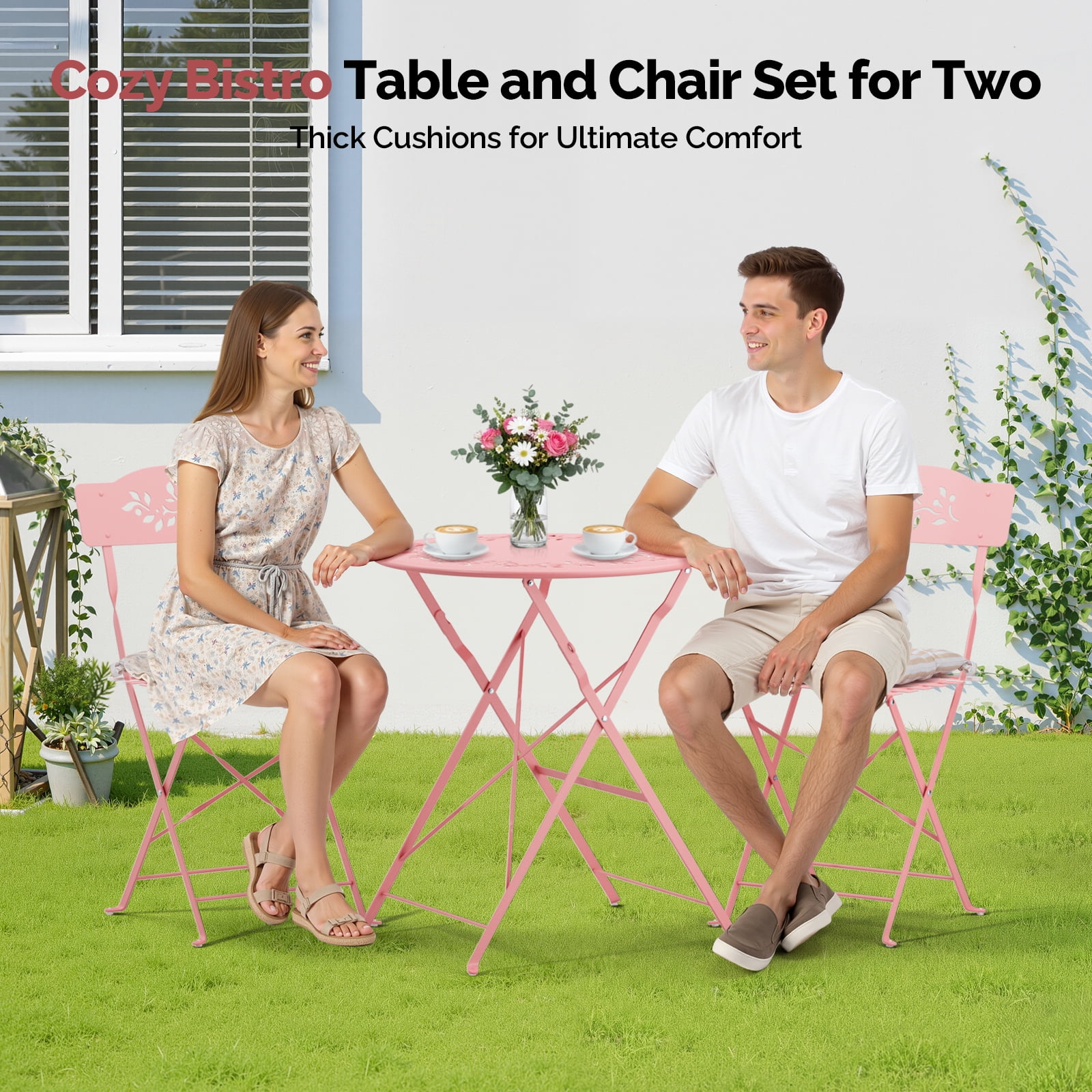 Ktaxon Outdoor 3-Piece Folding Bistro Set with Cushion, Small Metal Patio Seating Furniture Set - Pink