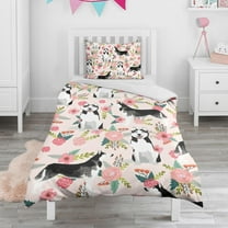 Husky and Pink Flower Duvet Cover and Pillowcase Set for Single Bedding, Bedroom Accessories for Kids Teens