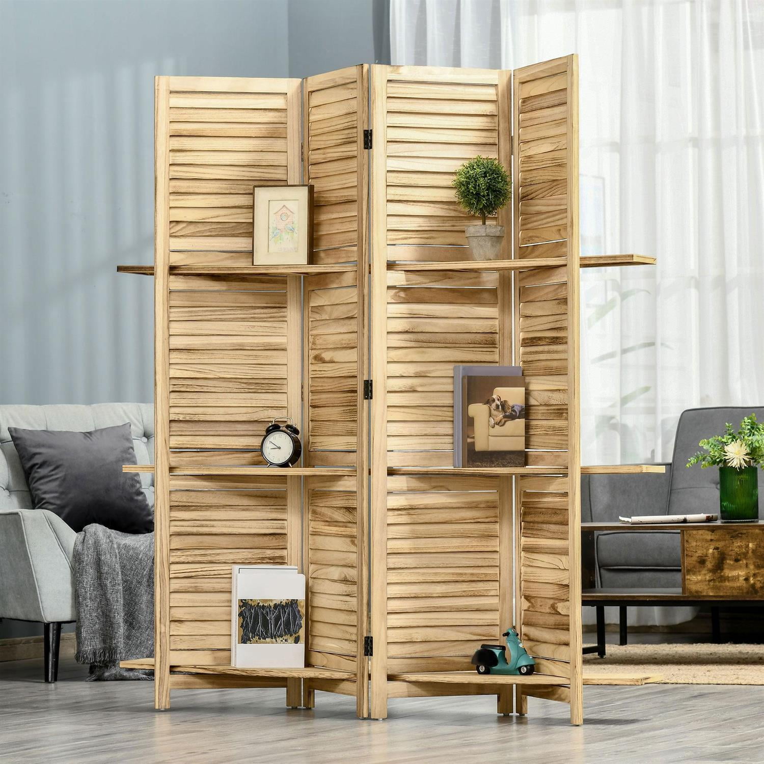 Demi Bonn 67" Tall Wood Privacy Screen Room Divider with 4 Panels, 3 Shelves, Folding Storage for Bedrooms, Beige