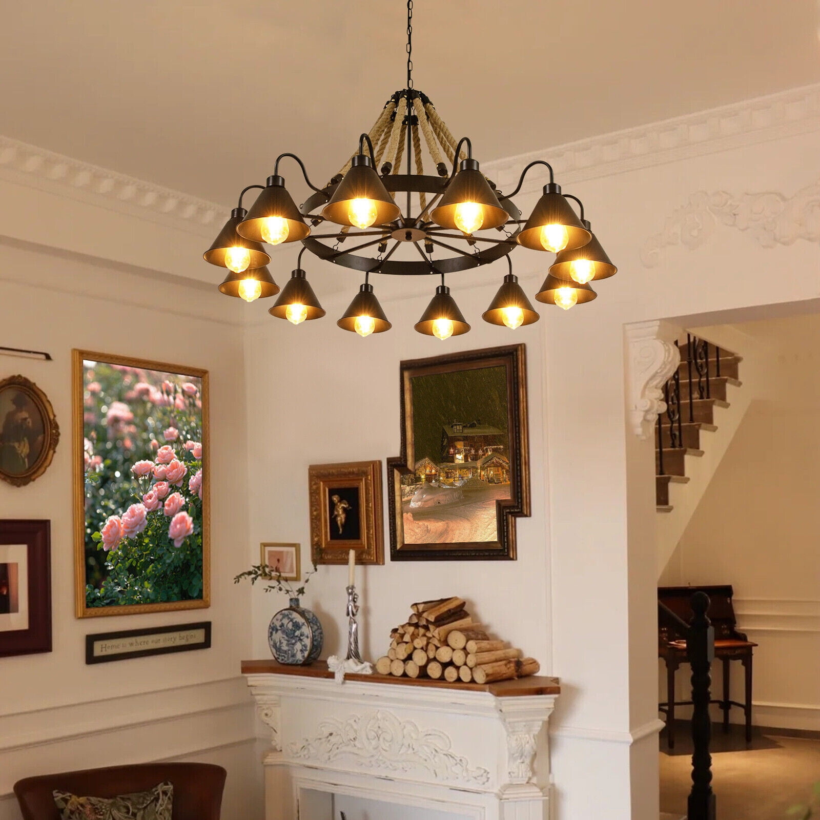 Hemp Rope Chandelier Ceiling Light Rustic Wheel Large Pendant Light Fixture Black for Living Room, Bedroom