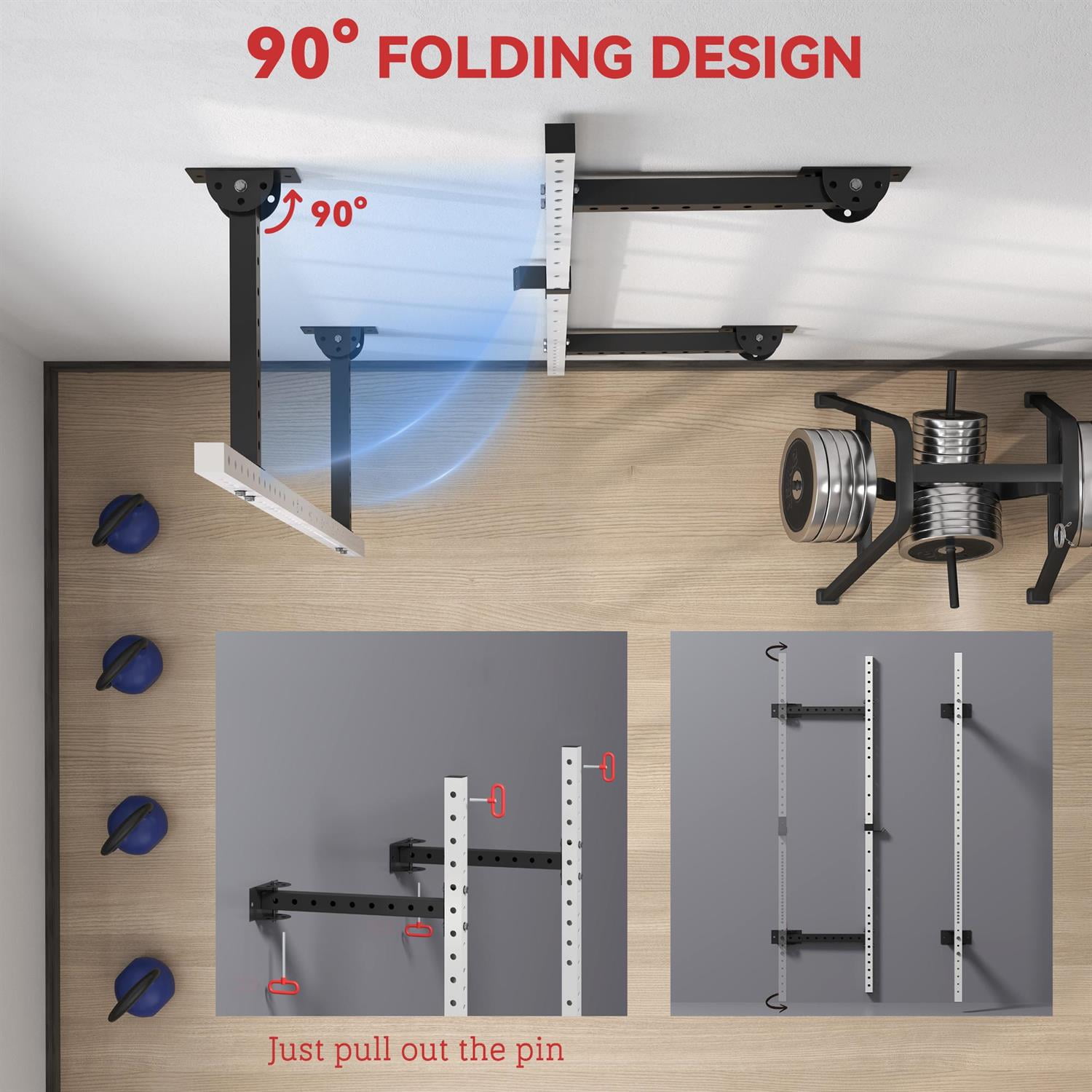 Demi Bonn Folding Squat Rack with Pull Up Bar - Wall Mounted, Adjustable 1000 LBS Capacity Power Rack ,White
