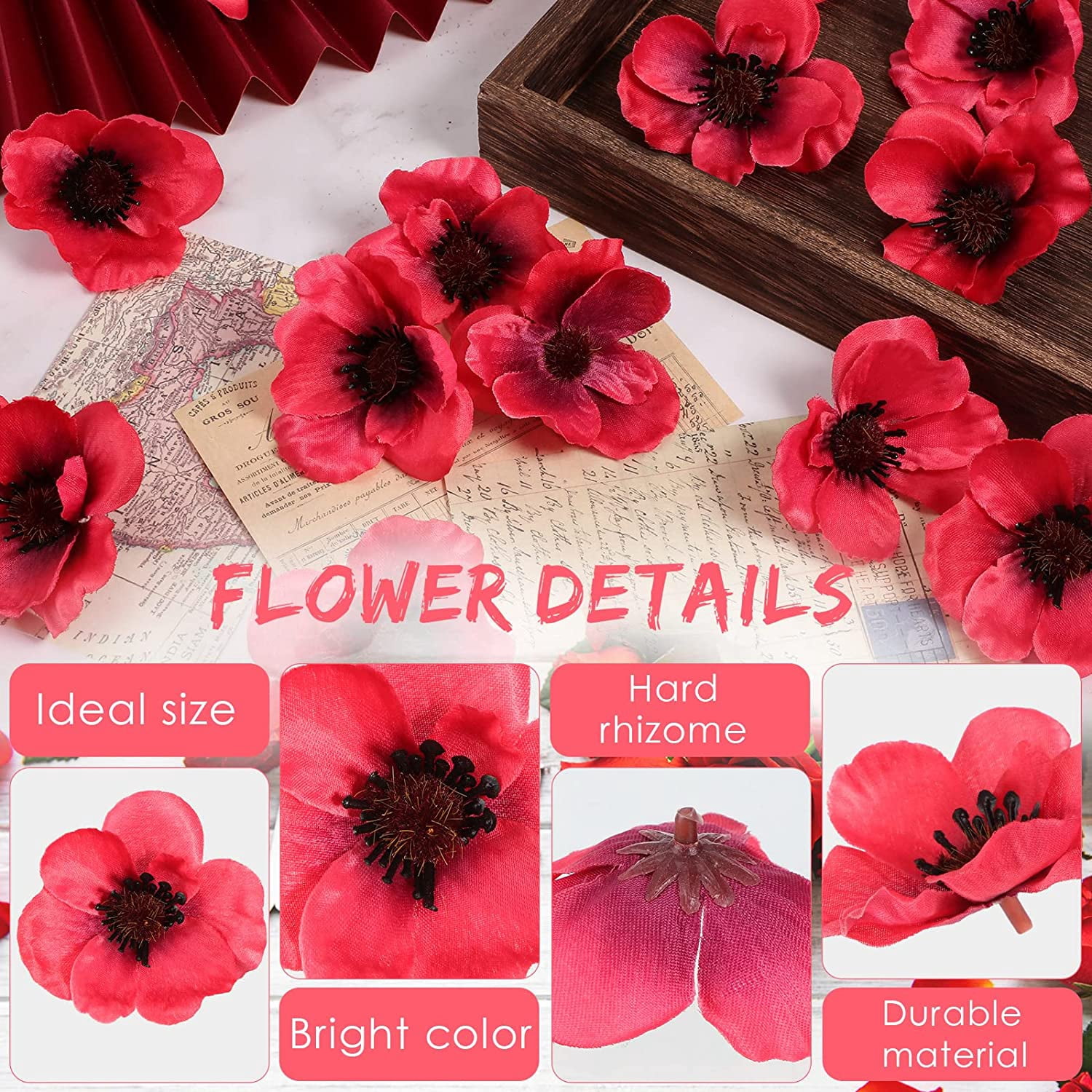 XC  Pieces Artificial Poppies Flowers Red Poppy Artificial Silk Faux Stemless Flowers Head for Memorial Day Veterans Day Wedding Home Decoration Bouquet Corsages Party Centerpiece