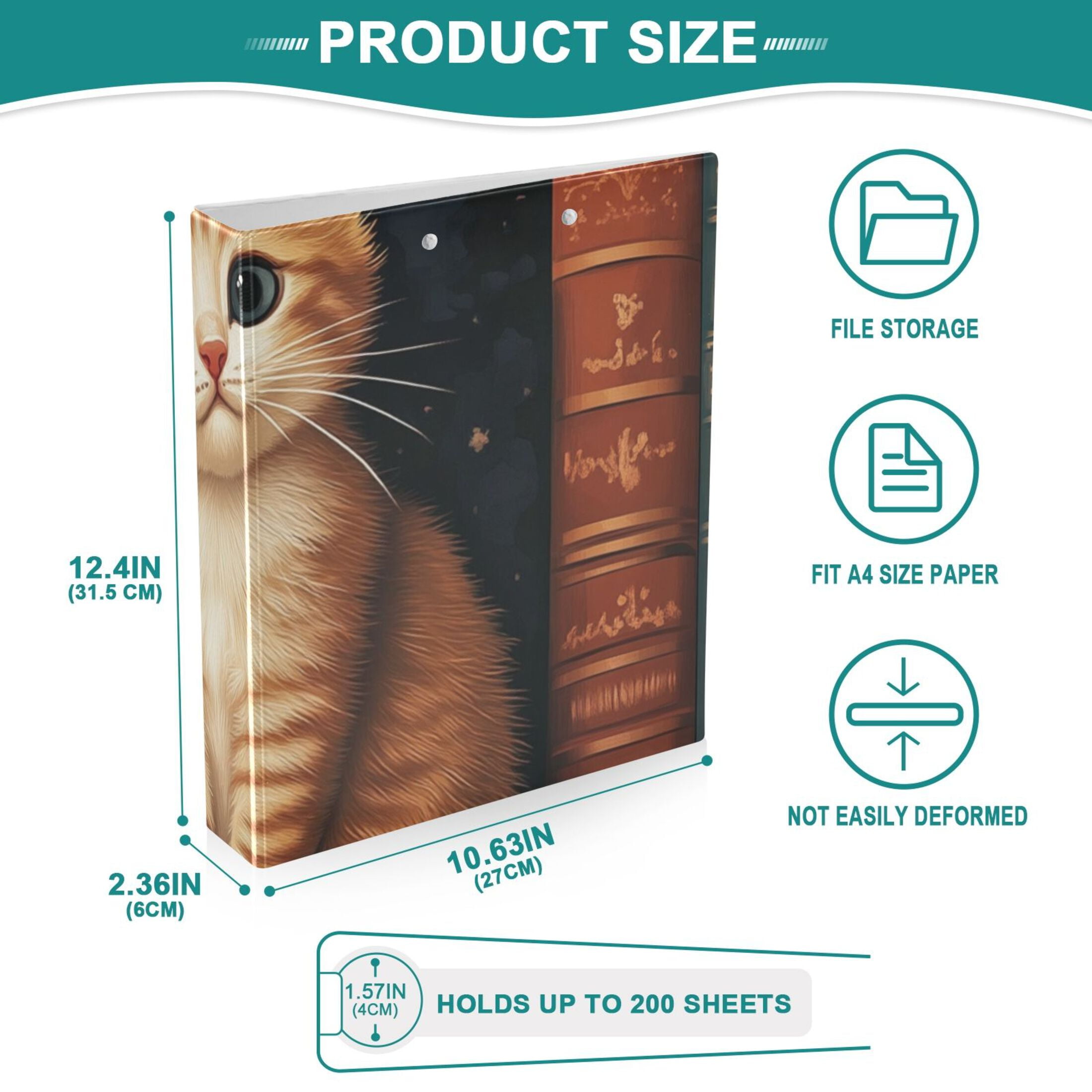 Cute Cat and Books 3 Ring Binders 1.5 inch Hardcover File Folders with Interior Pockets A4 Size Organizer for School Office Hospital