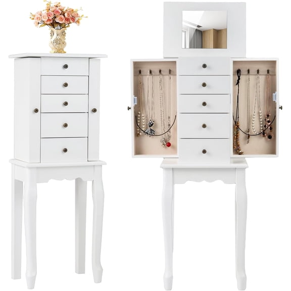 CHTER Standing Jewelry Armoire Cabinet with 4 Drawers, Flip Top Mirror, Top Storage Compartments, 2 Side Doors with 8 Necklace Hooks, Freestanding Jewelry Organizer Box Chest (White)
