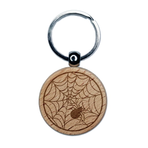Creepy Spider in Spiderweb Round Keychain Charm Tag - Engraved Wood