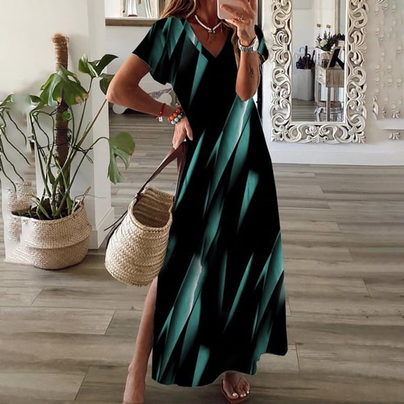 SMihono Summer Bohemian Dresses Women Plus Size's V-Neck Fashion Casual Style Commute Pullover Short Sleeve Print Slim Dress