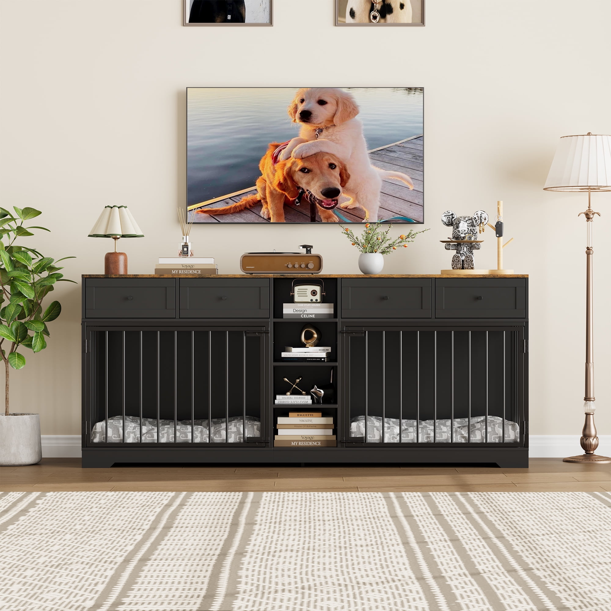 Garvee 82” Large Dog Crate for 2 Dogs, Double Dog Kennel Furniture with 4 Drawers & Shelves, Heavy-Duty Wooden Dog Crate TV Stand, Indoor Dog Cage for Medium to Large Dogs, Black