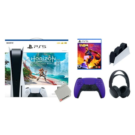 Sony Playstation 5 Disc Horizon Forbidden West Bundle with Extra Galactic Purple Controller, Black PULSE 3D Headset, NBA 2K23 and Charging Station