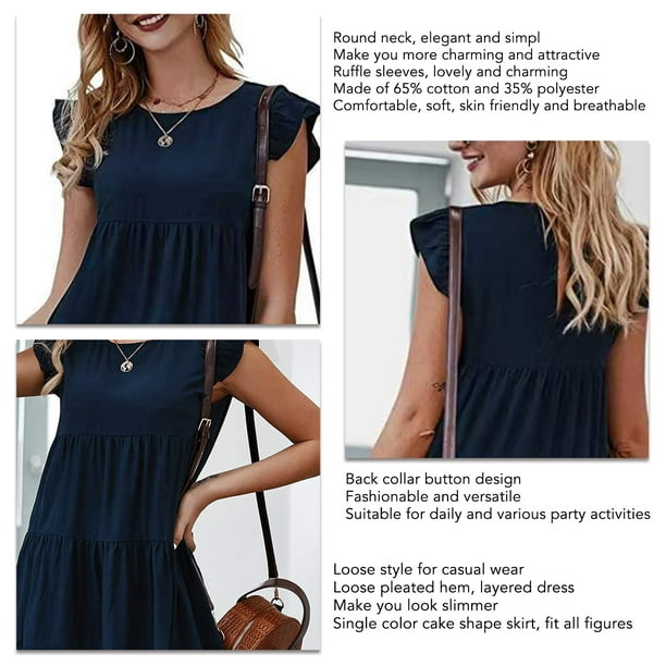 Short Sleeve Dress, Single Color Layered Round Neck Dress Loose