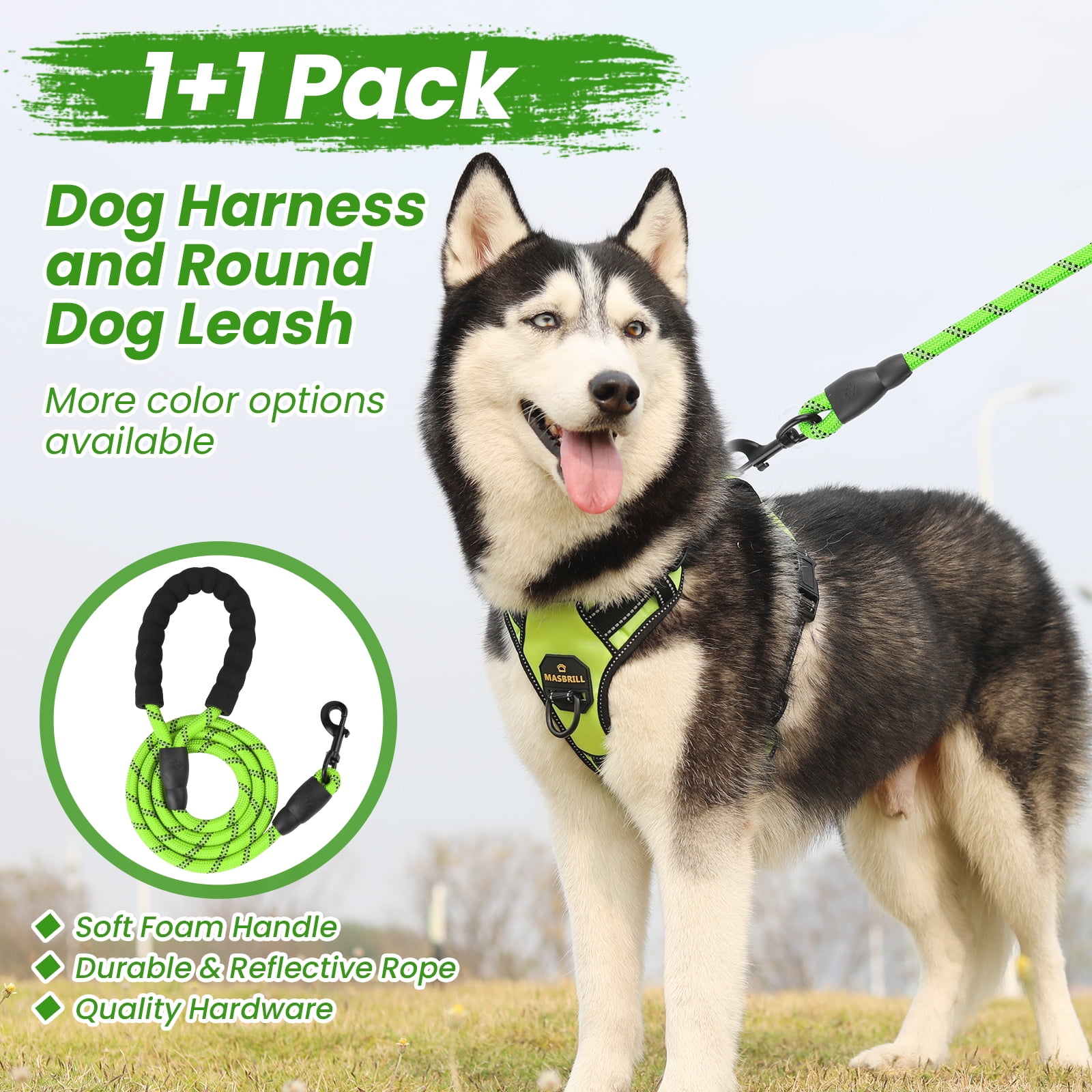 MASBRILL Dog Harness and Leash Set, No Pull Vest Harness, Reflective Adjustable Soft Padded Pet Harness with Handle for Small to Large Dogs
