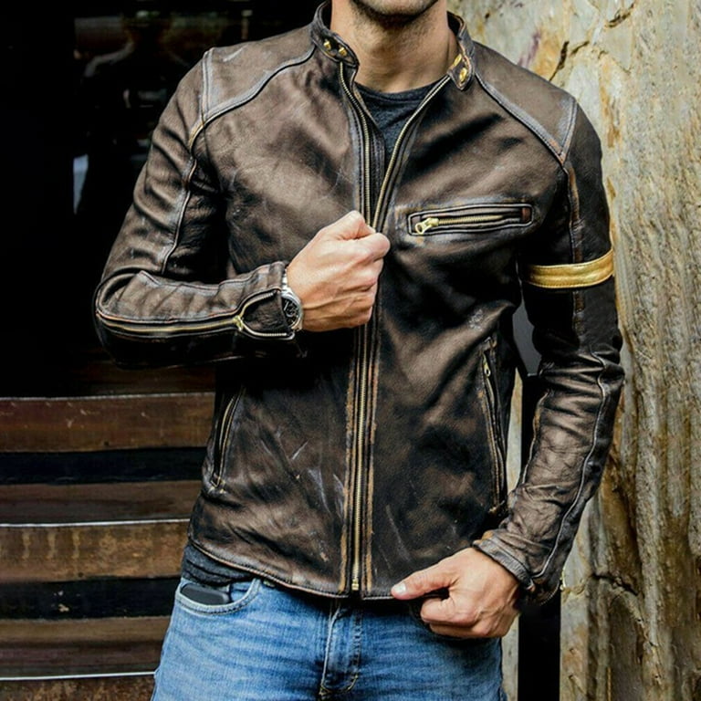 FBMDBB Men's Vintage Stand Collar Pu Leather Jacket Men's