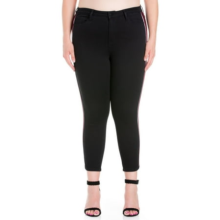 Cello Juniors' Plus Size Mid Rise Step Hem Black Crop Skinny with Stripes