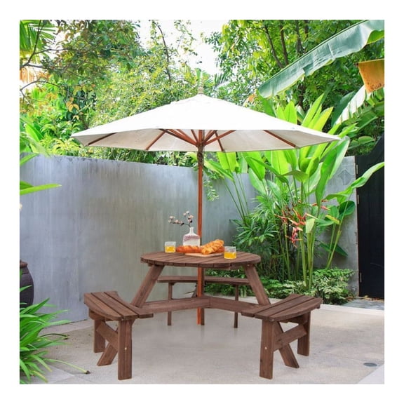 6 Person Wooden Picnic Table Set with and Umbrella Hold