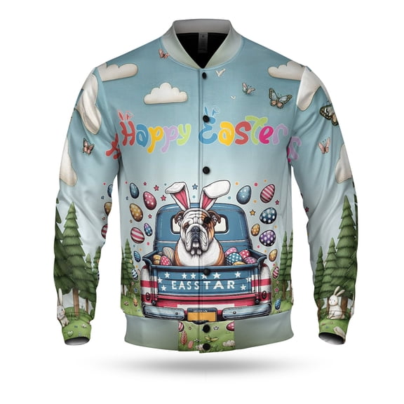 Happy Easter Bulldog American Flag Truck Bunny Ears All Over Print 3D Baseball Jacket Dog Lover Gifts Idea Bomber Jacket Softball - 03001