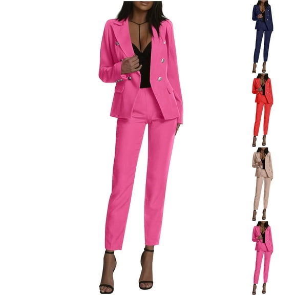 Yteetum Women's Business Suit Two Piece Sets Outfits Professional Suit Double Breasted Suit Long Sleeve Solid Blazer with Pants Casual Elegant Business Suit Sets