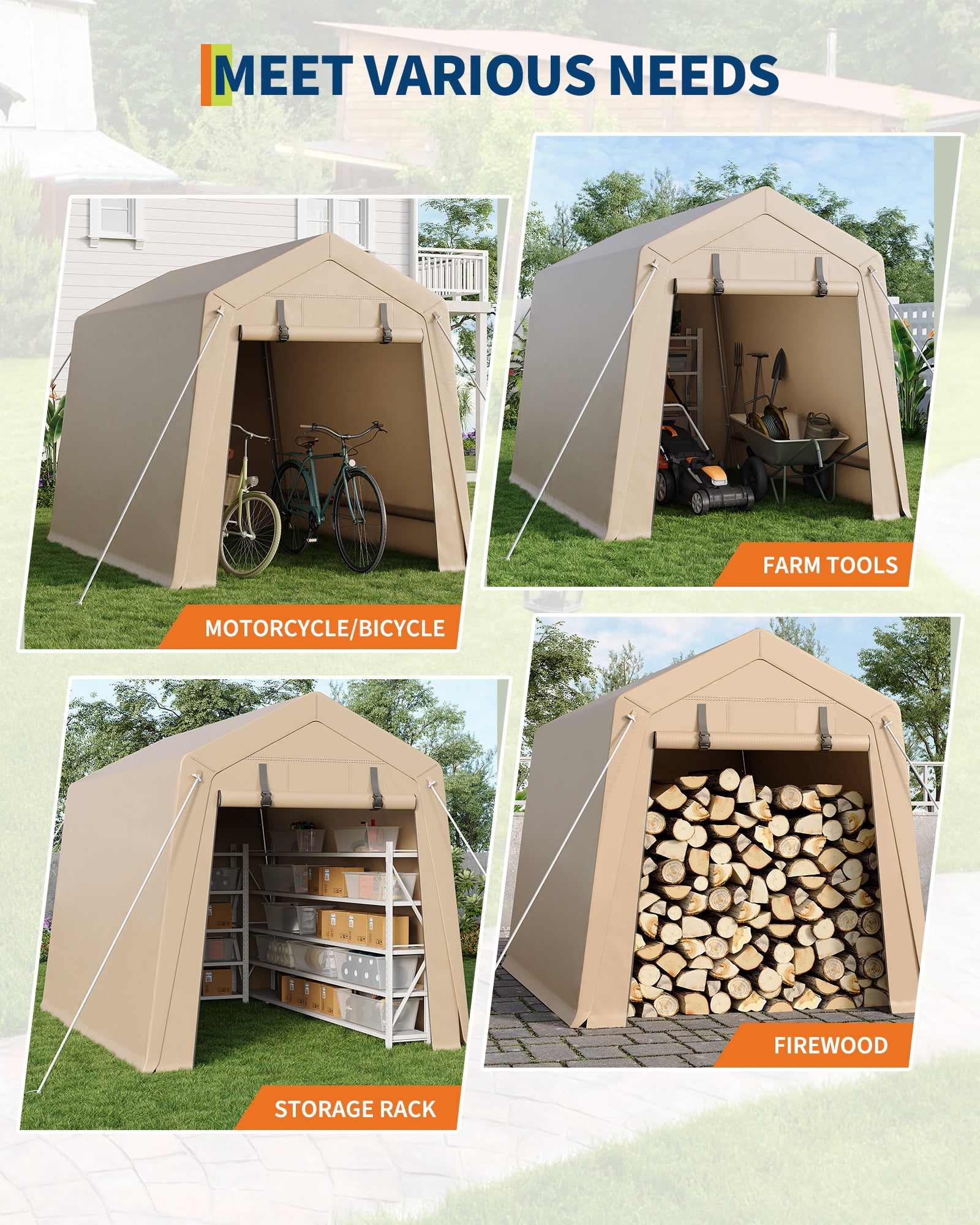 TEQIN 7x10 FT Outdoor Portable Storage Shed with Roll-Up Door & Vent,240G Heavy-Duty Shelter Waterproof PE Tarp, UV-Resistant Storage Sheds for Motorcycle, Bike,Firewood, Lawn Mower and Tools