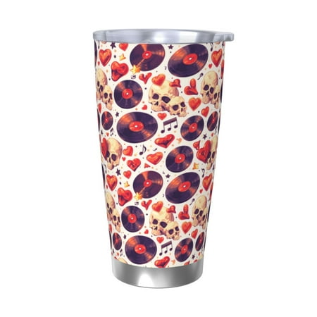 

KLL rock Skull record heart Print 40oz Stainless Steel Insulated Car Cup with Spillproof Lid - Keep Your Drink Hot or Cold on the Go-Without Straw