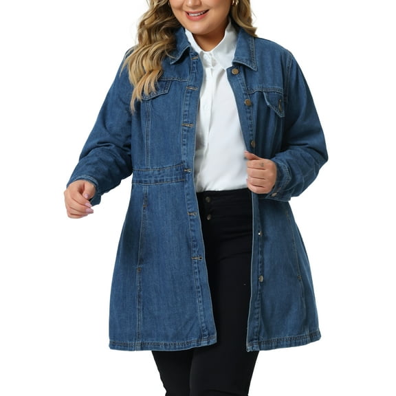 Agnes Orinda Women's Plus Size Denim Jacket Buttons Long Sleeves Jean Jackets 1X Blue